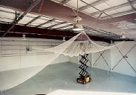 Netting being installed on ceiling of large hangar or warehouse